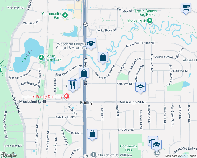 map of restaurants, bars, coffee shops, grocery stores, and more near 411 67th Avenue Northeast in Fridley