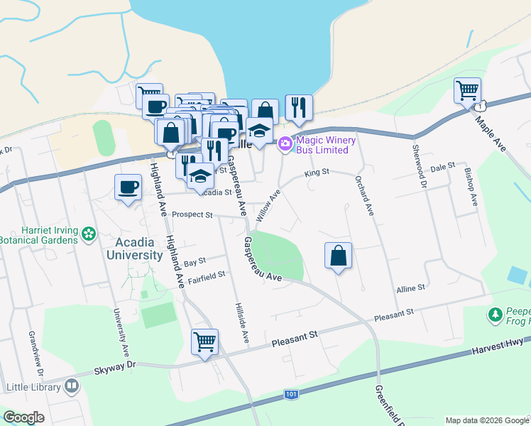 map of restaurants, bars, coffee shops, grocery stores, and more near 41 Willow Avenue in Wolfville