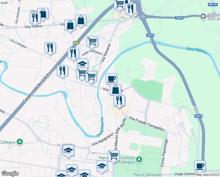 map of restaurants, bars, coffee shops, grocery stores, and more near 7 Via Sebusto in Collegno
