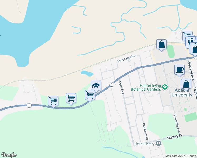 map of restaurants, bars, coffee shops, grocery stores, and more near 42 Bigelow Street in Wolfville