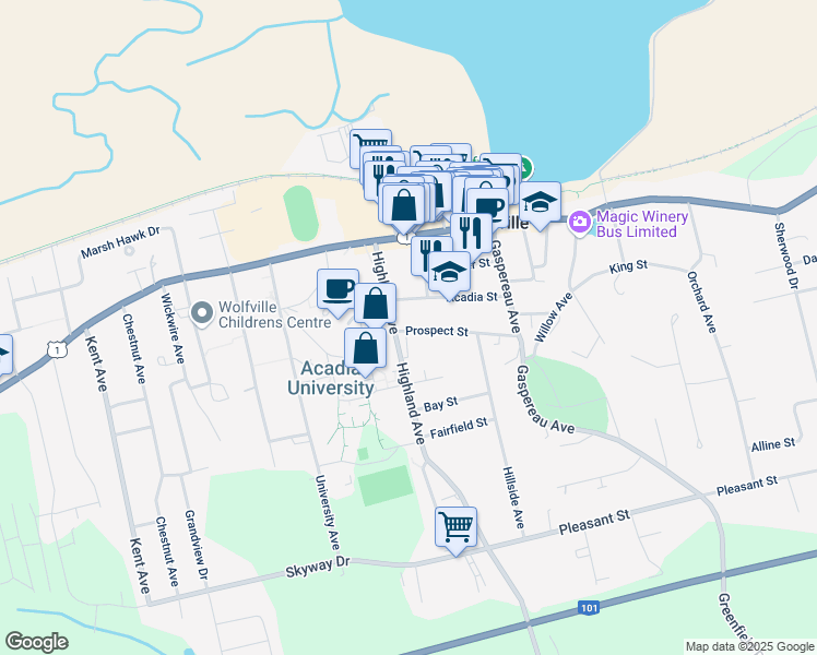 map of restaurants, bars, coffee shops, grocery stores, and more near 36 Prospect Street in Wolfville