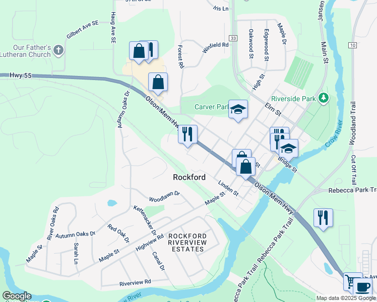 map of restaurants, bars, coffee shops, grocery stores, and more near 5820 Tower Street in Rockford