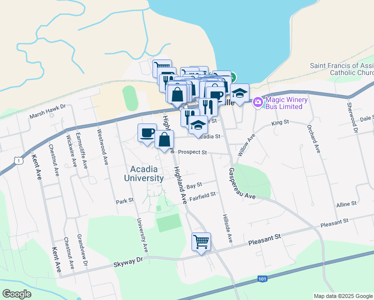 map of restaurants, bars, coffee shops, grocery stores, and more near 24 Prospect Street in Wolfville