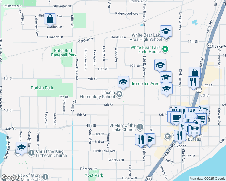 map of restaurants, bars, coffee shops, grocery stores, and more near 1920 Lombardy Lane in White Bear Lake