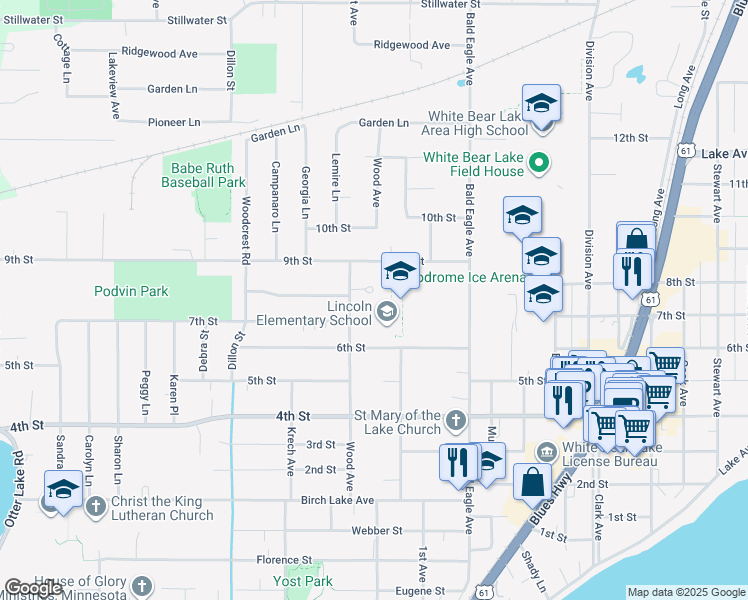 map of restaurants, bars, coffee shops, grocery stores, and more near 1920 Lombardy Lane in White Bear Lake