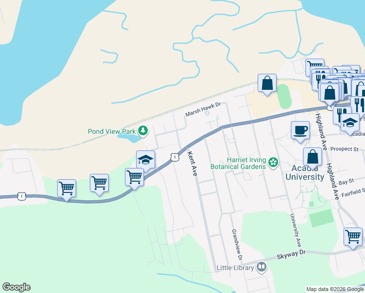 map of restaurants, bars, coffee shops, grocery stores, and more near 654 Main Street in Wolfville