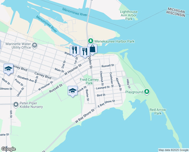 map of restaurants, bars, coffee shops, grocery stores, and more near 119 Coleman Street in Marinette