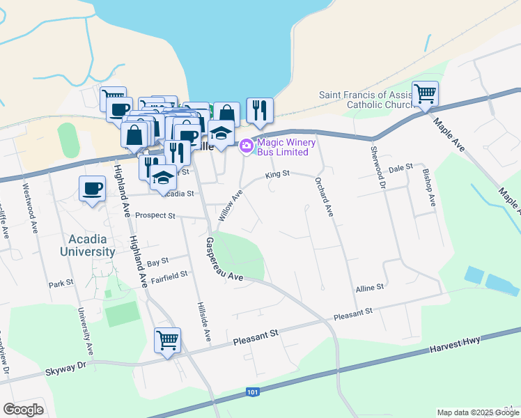 map of restaurants, bars, coffee shops, grocery stores, and more near 7 Blomidon Terrace in Wolfville
