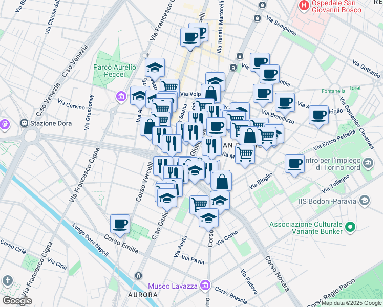map of restaurants, bars, coffee shops, grocery stores, and more near 1-11 Via Lombardore in Turin