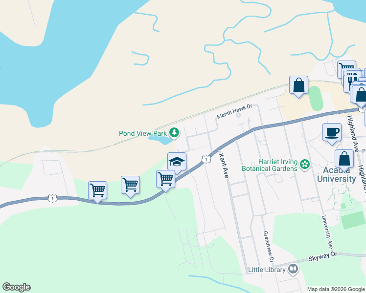 map of restaurants, bars, coffee shops, grocery stores, and more near 42 Bigelow Street in Wolfville