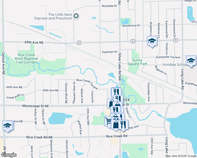 map of restaurants, bars, coffee shops, grocery stores, and more near 2892 Rice Creek Terrace in New Brighton