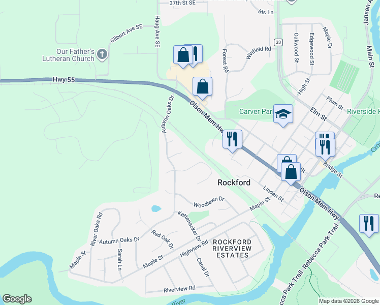 map of restaurants, bars, coffee shops, grocery stores, and more near 5409 Basswood Circle in Rockford