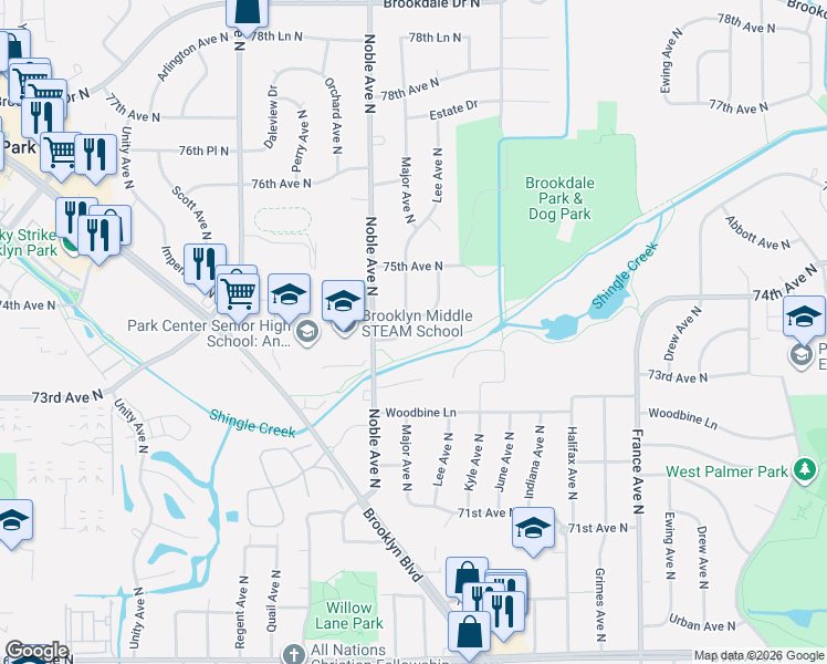 map of restaurants, bars, coffee shops, grocery stores, and more near 7324 Noble Court North in Minneapolis