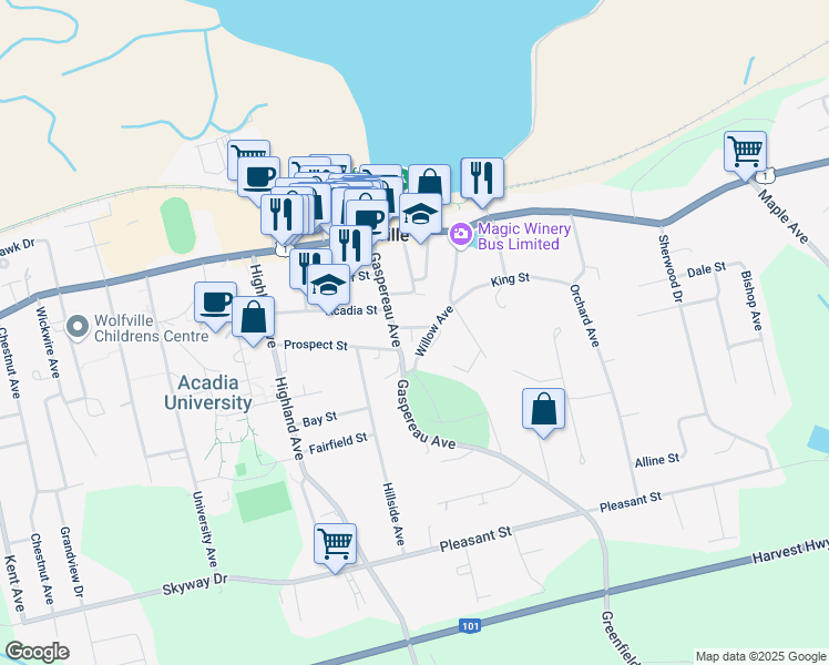 map of restaurants, bars, coffee shops, grocery stores, and more near 6 Winter Street in Wolfville
