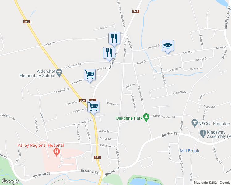 map of restaurants, bars, coffee shops, grocery stores, and more near 170 Oakdene Avenue in Kentville