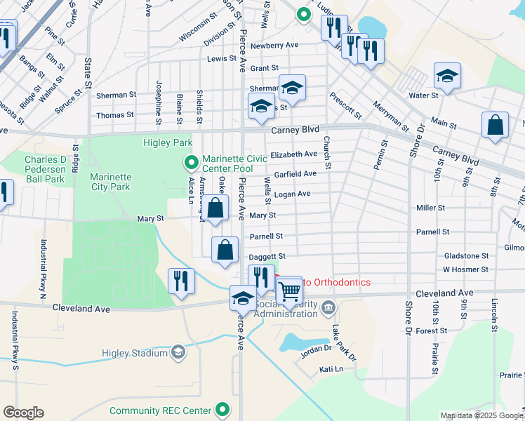 map of restaurants, bars, coffee shops, grocery stores, and more near 1609 Mary Street in Marinette