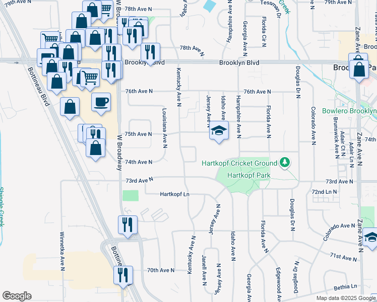 map of restaurants, bars, coffee shops, grocery stores, and more near 7008 74th Avenue North in Minneapolis