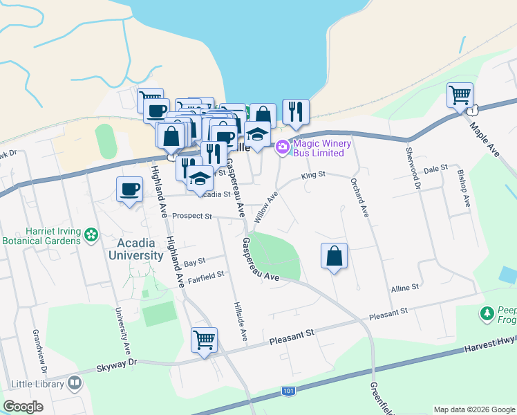 map of restaurants, bars, coffee shops, grocery stores, and more near 8 Winter Street in Wolfville