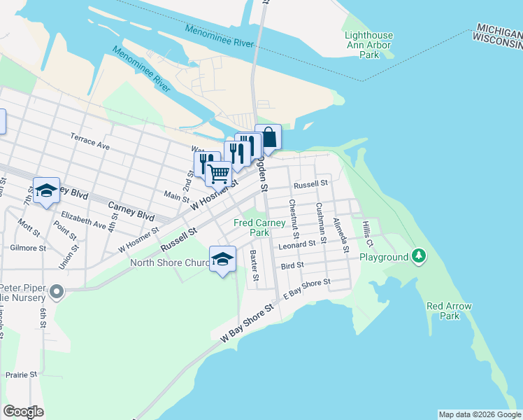 map of restaurants, bars, coffee shops, grocery stores, and more near 309 Ogden Street in Marinette
