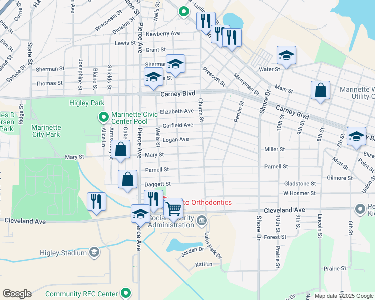 map of restaurants, bars, coffee shops, grocery stores, and more near 1433 Mary Street in Marinette