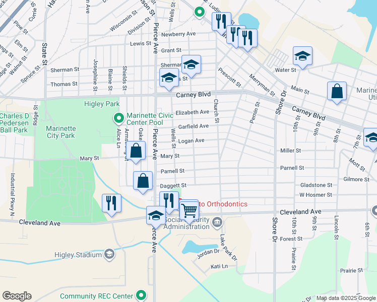 map of restaurants, bars, coffee shops, grocery stores, and more near 1517 Mary Street in Marinette