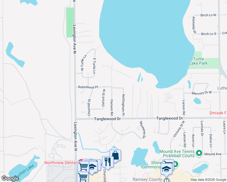 map of restaurants, bars, coffee shops, grocery stores, and more near 4875 Hanson Road in Shoreview