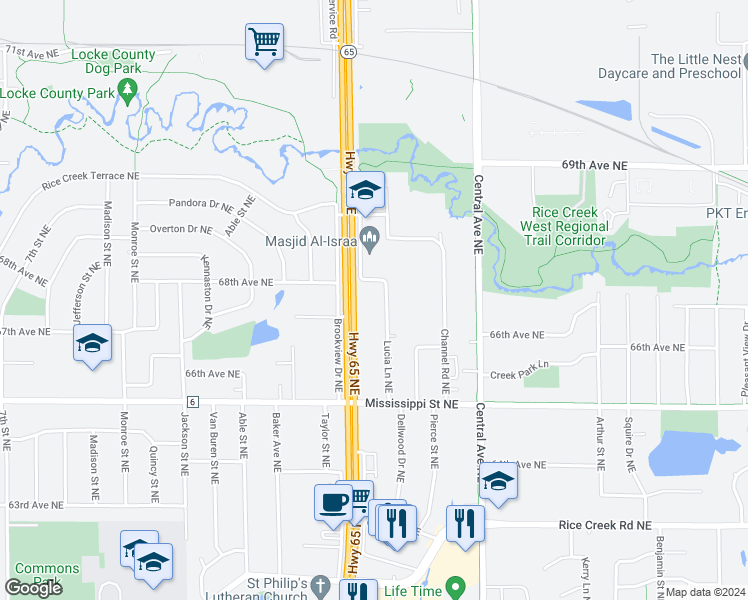 map of restaurants, bars, coffee shops, grocery stores, and more near 6640 Lucia Lane Northeast in Fridley