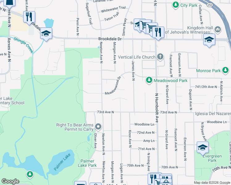 map of restaurants, bars, coffee shops, grocery stores, and more near 7329 Logan Court in Minneapolis