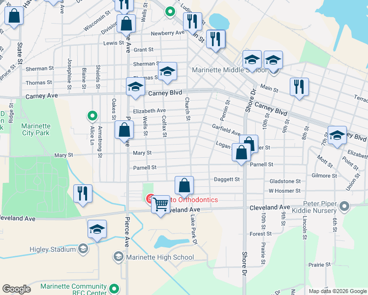 map of restaurants, bars, coffee shops, grocery stores, and more near 1669 Church Street in Marinette