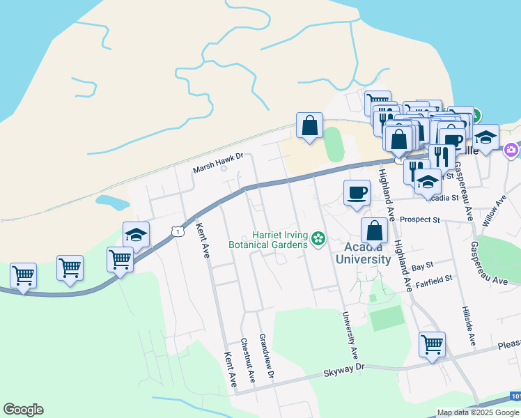 map of restaurants, bars, coffee shops, grocery stores, and more near 6 Earnscliffe Avenue in Wolfville