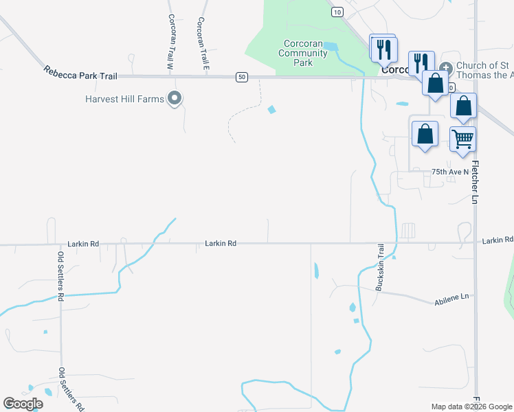 map of restaurants, bars, coffee shops, grocery stores, and more near 20410 Larkin Road in Corcoran