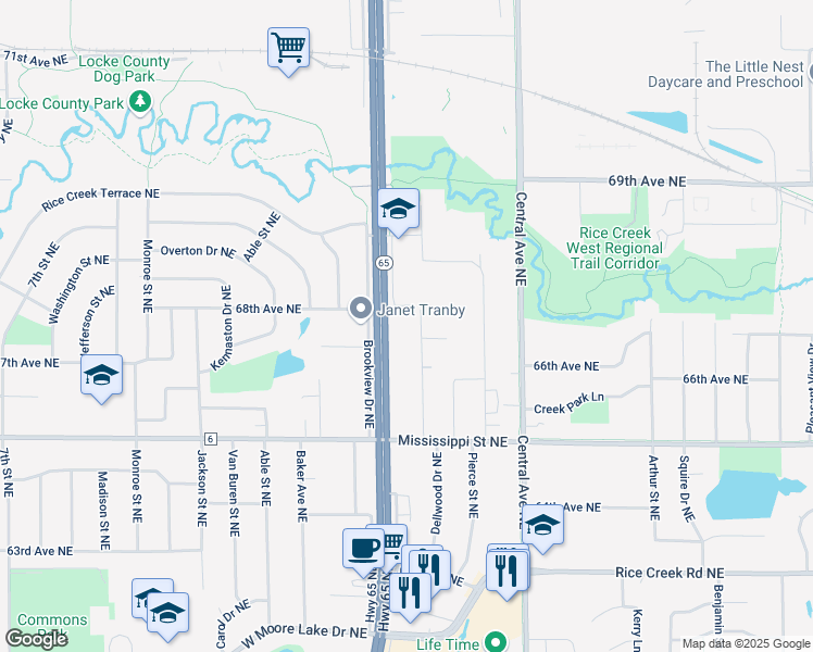 map of restaurants, bars, coffee shops, grocery stores, and more near 6640 Lucia Lane Northeast in Fridley