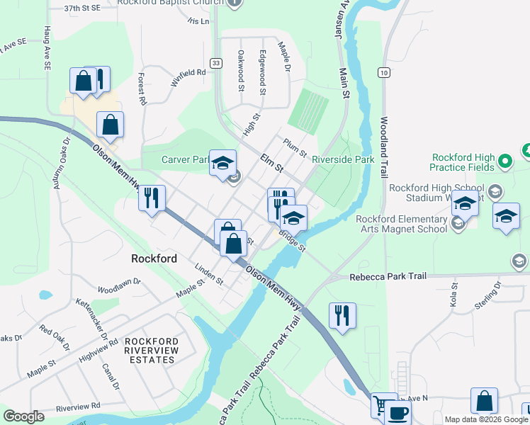 map of restaurants, bars, coffee shops, grocery stores, and more near 6111 Maple Street in Rockford