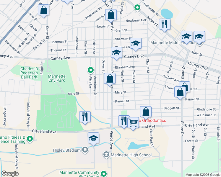 map of restaurants, bars, coffee shops, grocery stores, and more near 1555 Pierce Avenue in Marinette