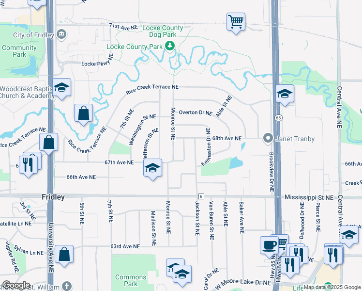 map of restaurants, bars, coffee shops, grocery stores, and more near 711 68th Avenue Northeast in Fridley