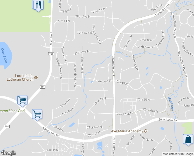map of restaurants, bars, coffee shops, grocery stores, and more near 7400 Narcissus Lane North in Maple Grove