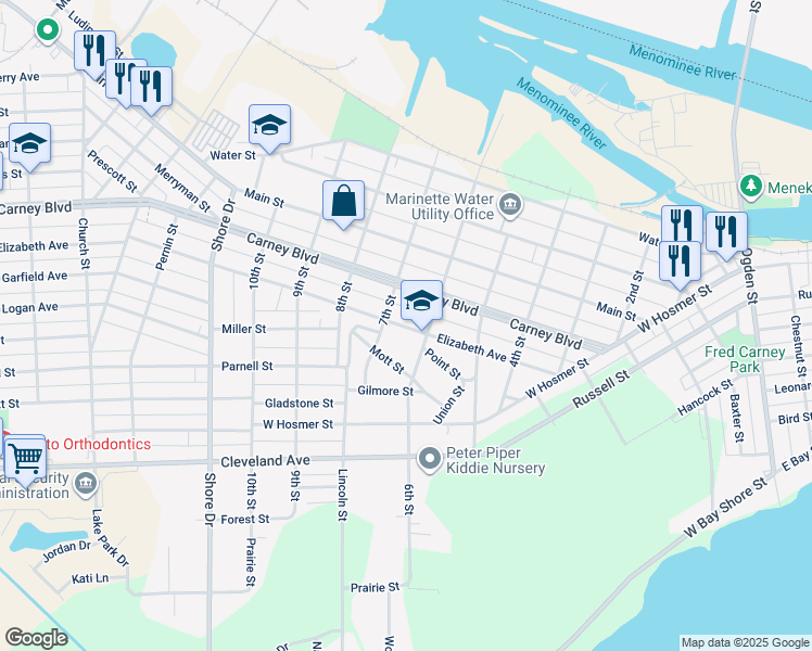 map of restaurants, bars, coffee shops, grocery stores, and more near 637 Carney Boulevard in Marinette