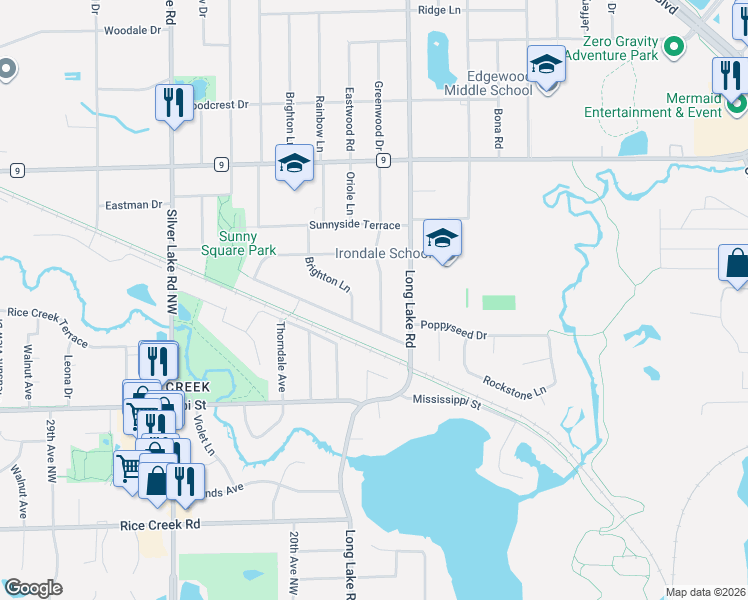 map of restaurants, bars, coffee shops, grocery stores, and more near 2403 17th Avenue Northwest in New Brighton