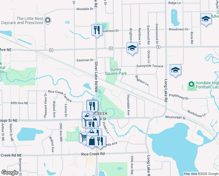 map of restaurants, bars, coffee shops, grocery stores, and more near 2374 Erin Court in New Brighton