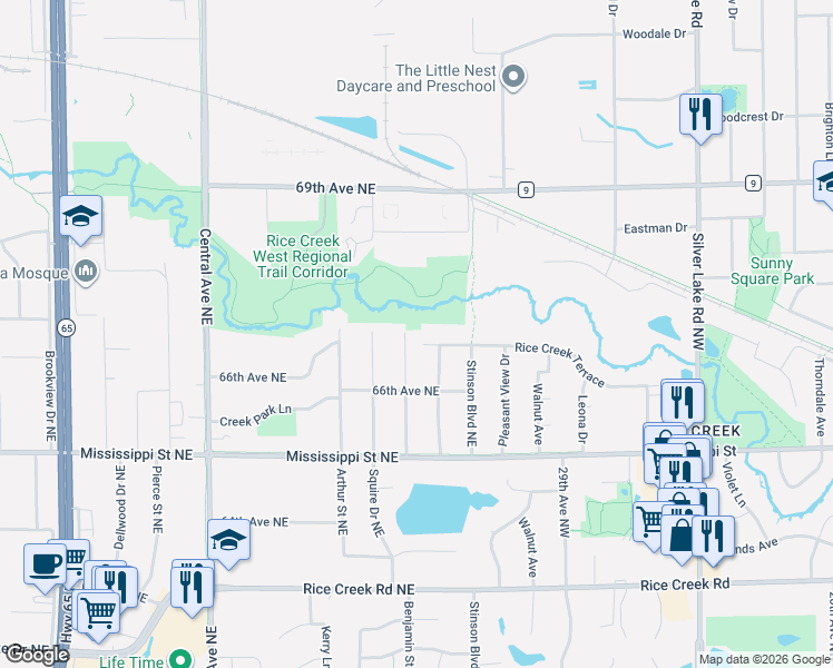 map of restaurants, bars, coffee shops, grocery stores, and more near 6685 Fridley Street Northeast in Fridley
