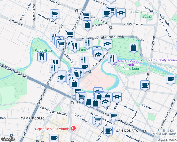 map of restaurants, bars, coffee shops, grocery stores, and more near 12 Via Pessinetto in Torino