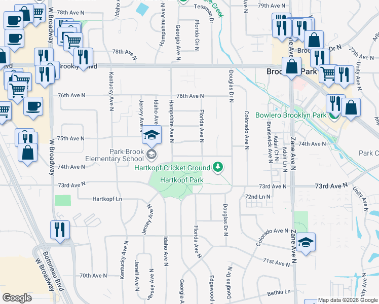 map of restaurants, bars, coffee shops, grocery stores, and more near 6508 74 1/2 Avenue North in Minneapolis