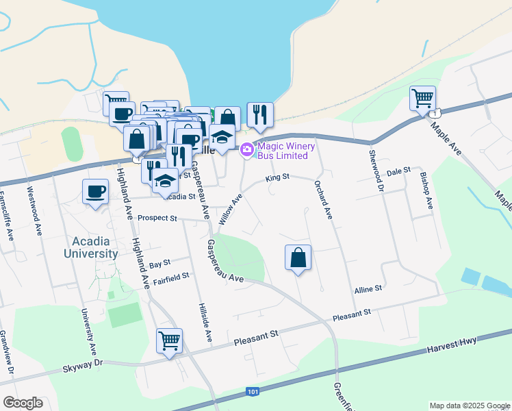 map of restaurants, bars, coffee shops, grocery stores, and more near 5 Blomidon Terrace in Wolfville