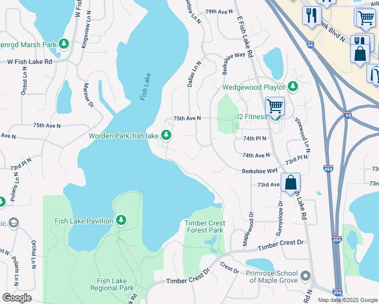 map of restaurants, bars, coffee shops, grocery stores, and more near 7475 Dallas Lane North in Maple Grove