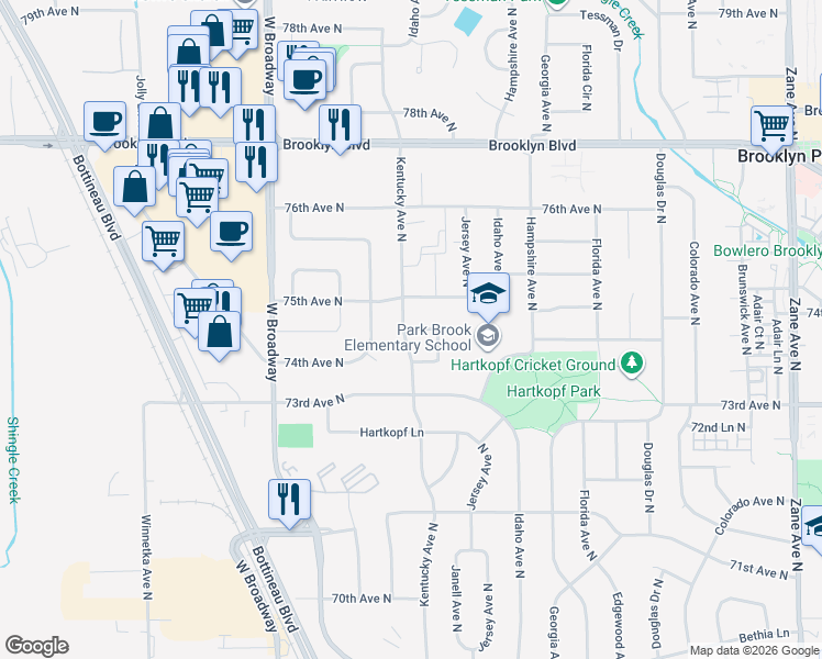 map of restaurants, bars, coffee shops, grocery stores, and more near 7028 74 1/2 Avenue North in Brooklyn Park