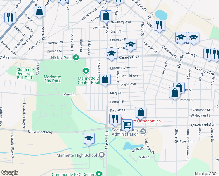 map of restaurants, bars, coffee shops, grocery stores, and more near 1608 Logan Avenue in Marinette