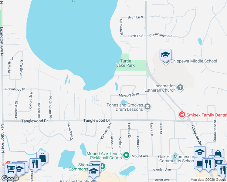 map of restaurants, bars, coffee shops, grocery stores, and more near 737 Larson Lane in Shoreview