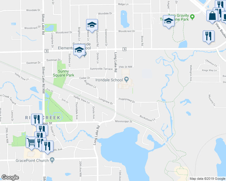 map of restaurants, bars, coffee shops, grocery stores, and more near 2380 Long Lake Road in New Brighton
