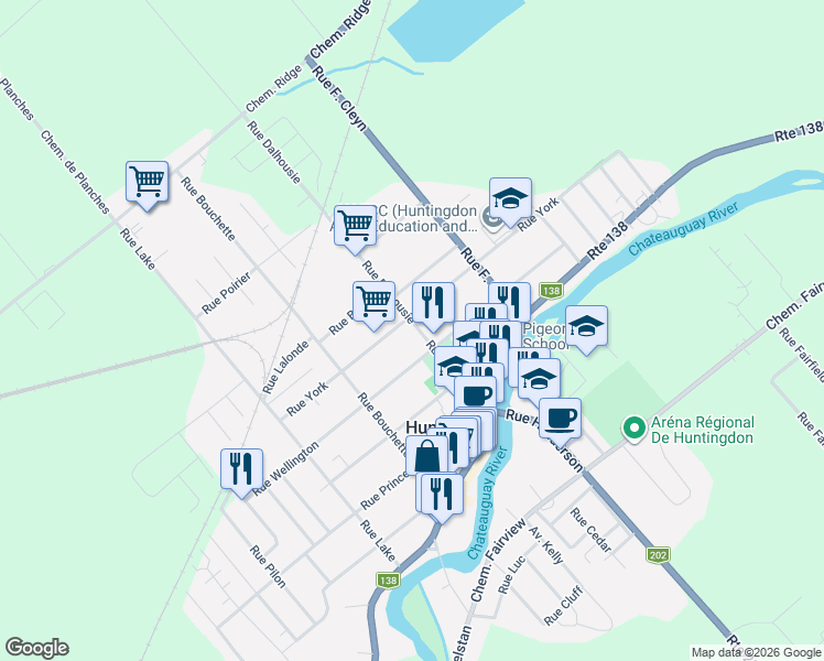 map of restaurants, bars, coffee shops, grocery stores, and more near 54 Rue Dalhousie in Huntingdon