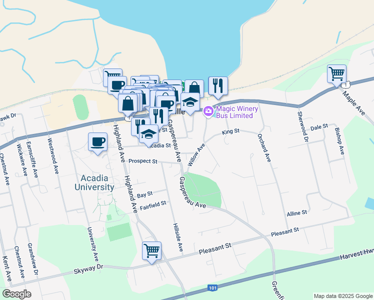 map of restaurants, bars, coffee shops, grocery stores, and more near 3 Winter Street in Wolfville
